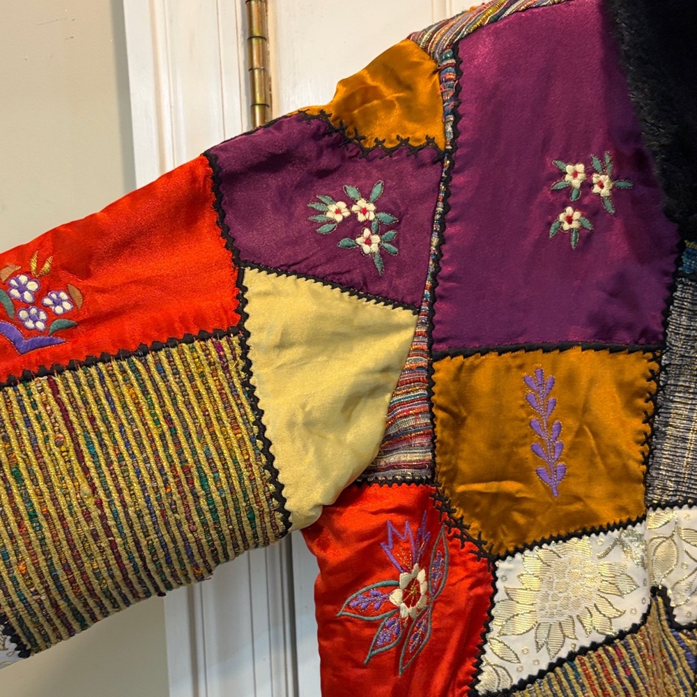 Vibrant Patchwork Vintage Mixed Media Coat - Art to Wear - Picture 6 of 15